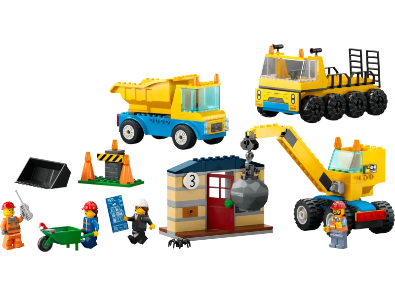 Construction Trucks and Wrecking Ball Crane